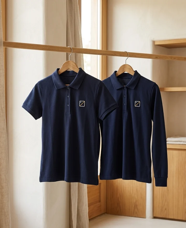 Reitpolo in Navy mit kurzem und mit langem Arm nebeneinander auf einer Kleiderstange – KI-generierte Illustration