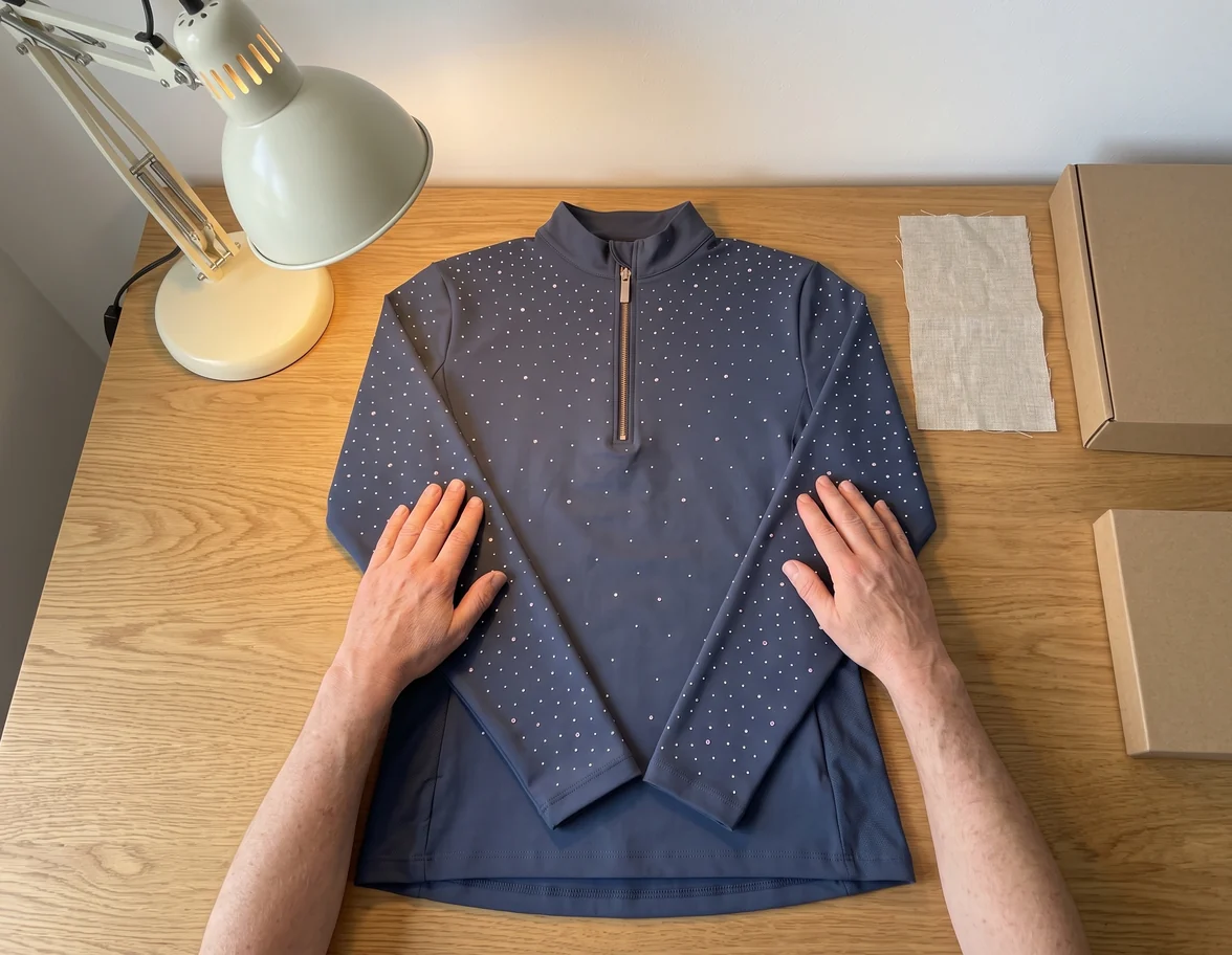 Navy Reitshirt mit Strass flach liegend, zwei Hände streichen die Ärmel zum Längenvergleich glatt – KI-generierte Illustration