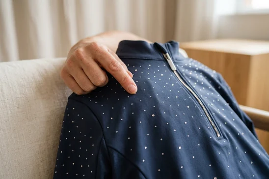 Fingerkuppe prüft den Halt der Steine auf einem Navy Reitshirt – KI-generierte Illustration