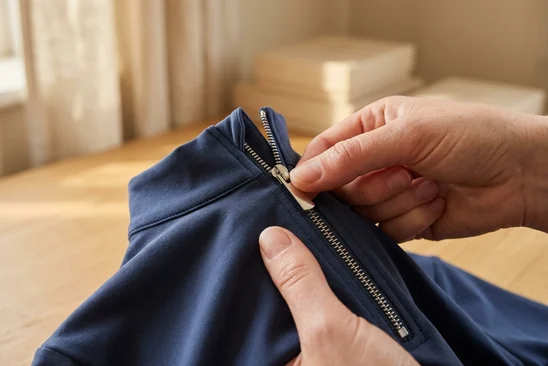 Finger ziehen den Kragenreißverschluss eines Reitshirts zur Prüfung hoch – KI-generierte Illustration