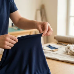 Leichter Stretchstoff in Navy, zwischen zwei Fingern gedehnt – KI-generierte Illustration