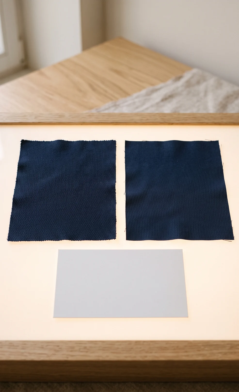 Farbmuster eines Polostoffs und eines Reithosenstoffs in Navy nebeneinander auf dem Leuchttisch – KI-generierte Illustration