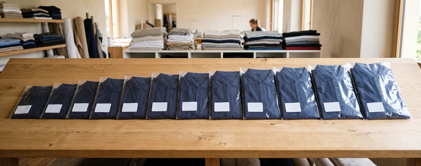 Einzeln verpackte Navy Polos mit leeren Aufklebern, von klein nach groß – KI-generierte Illustration