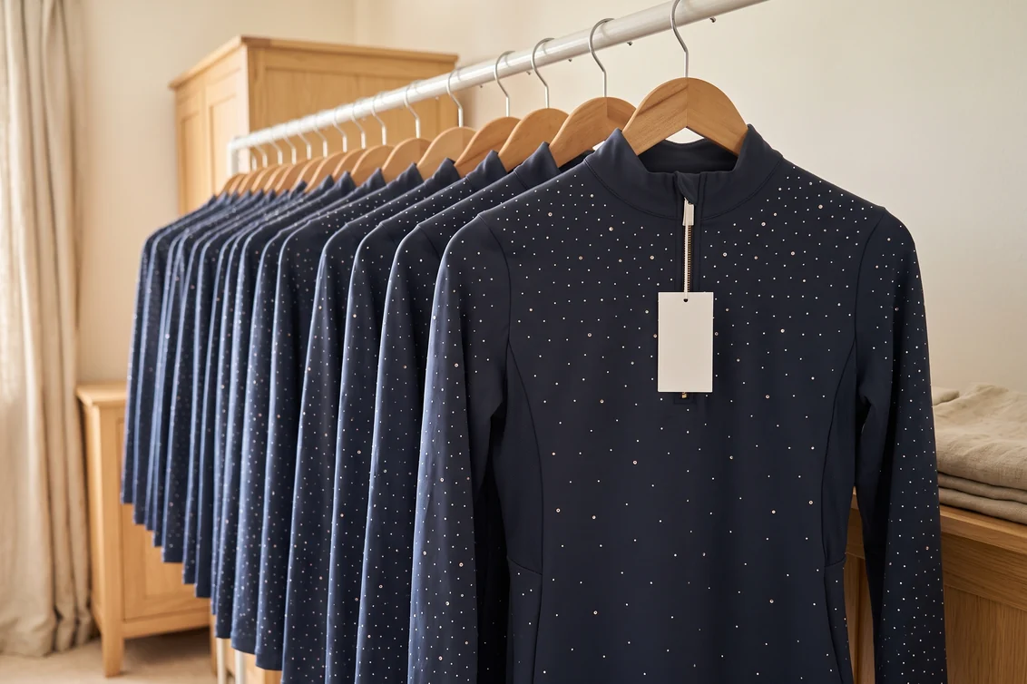Reihe gleicher Navy Langarm-Reitshirts auf einer Stange, jedes mit leerem Anhänger – KI-generierte Illustration