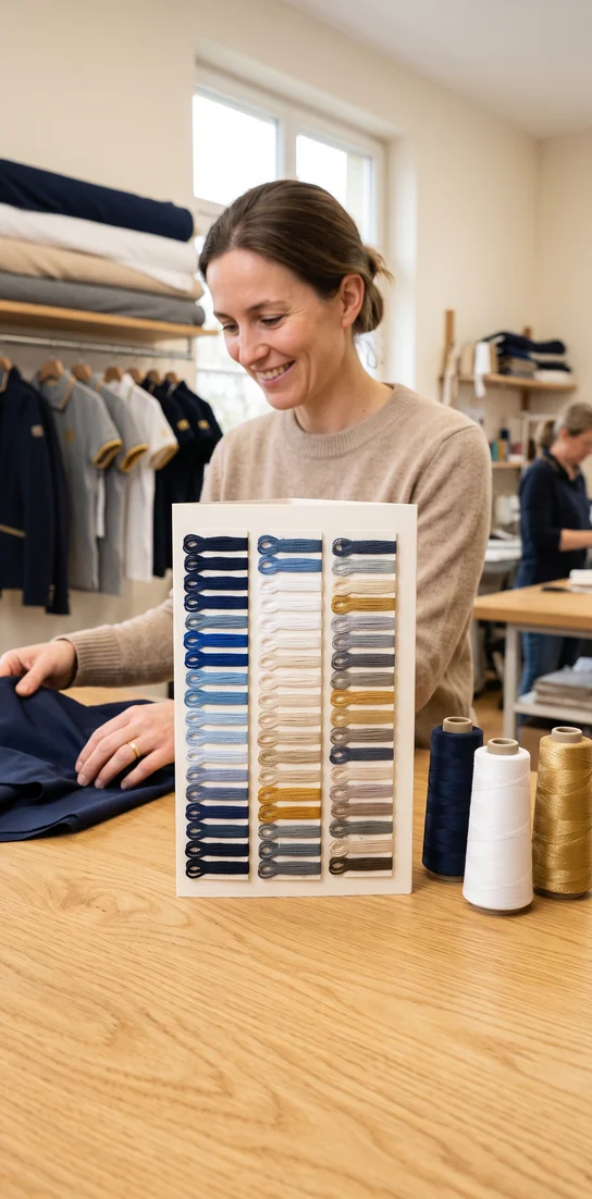 Stickgarn-Farbkarte mit Garnrollen in Navy und Metallic – KI-generierte Illustration