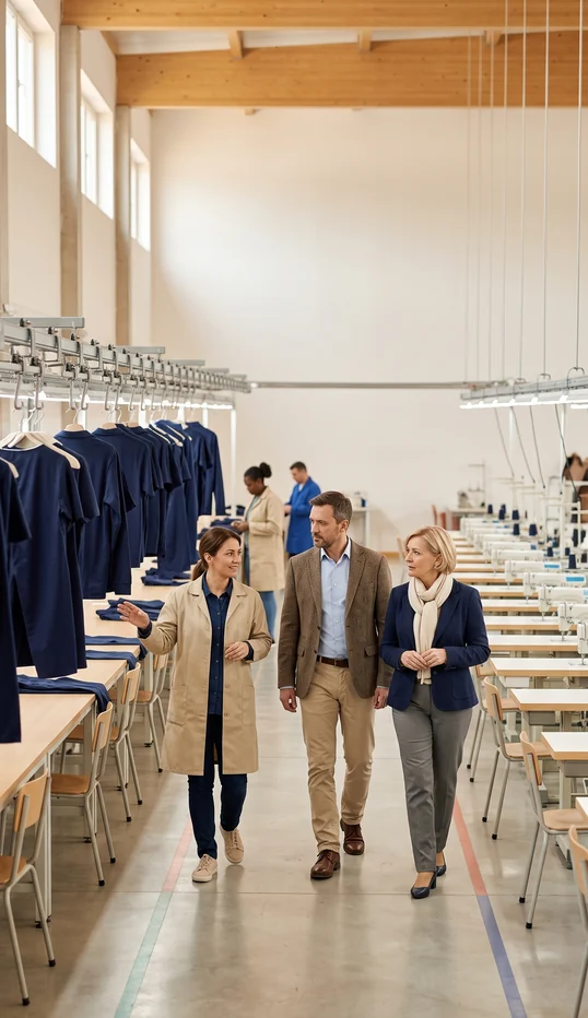 Zwei Besucher gehen mit einer Mitarbeiterin durch die Nähhalle – KI-generierte Illustration