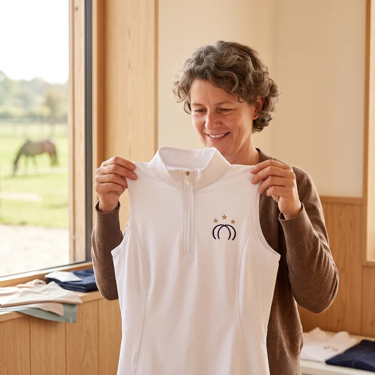 Vorstandsmitglied hält ein Muster-Turniershirt mit gesticktem Vereinswappen in den Händen – KI-generierte Illustration