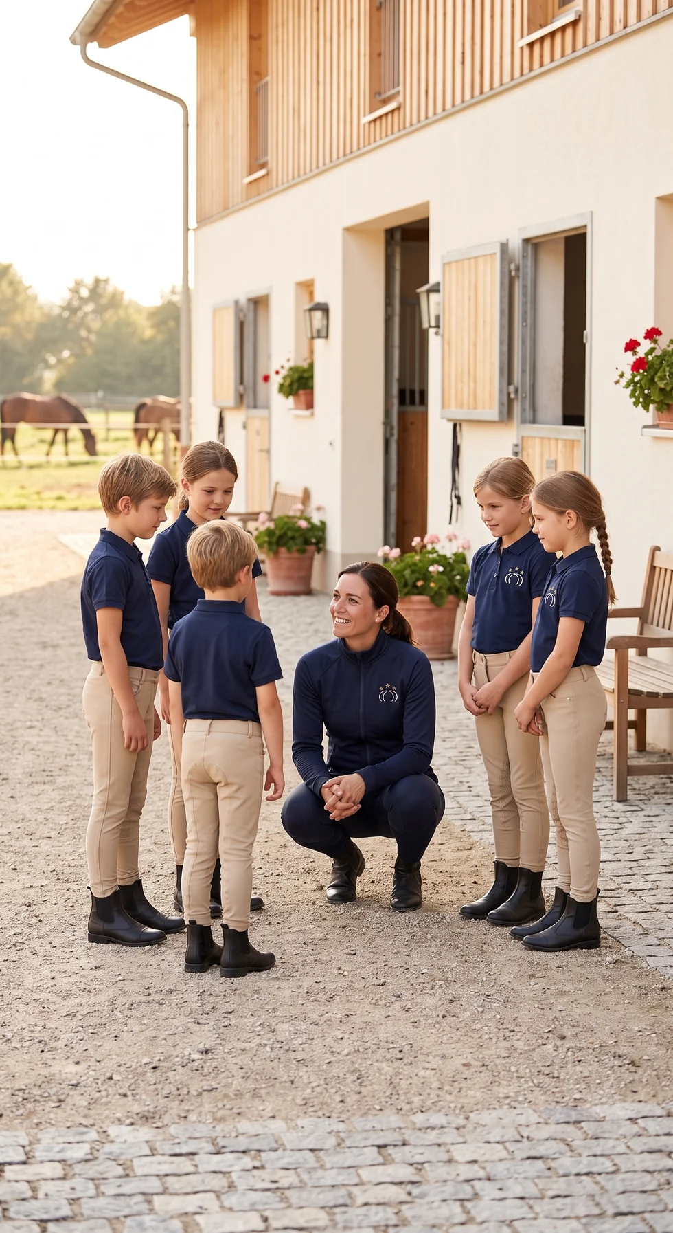 Reitlehrerin im Gespräch mit fünf Reitschülern in gleichen Reitpolos vor dem Stall – KI-generierte Illustration