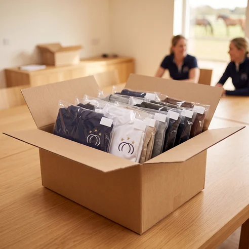 Geöffneter Karton im Vereinsheim mit einzeln verpackten Beuteln je Mitglied – KI-generierte Illustration