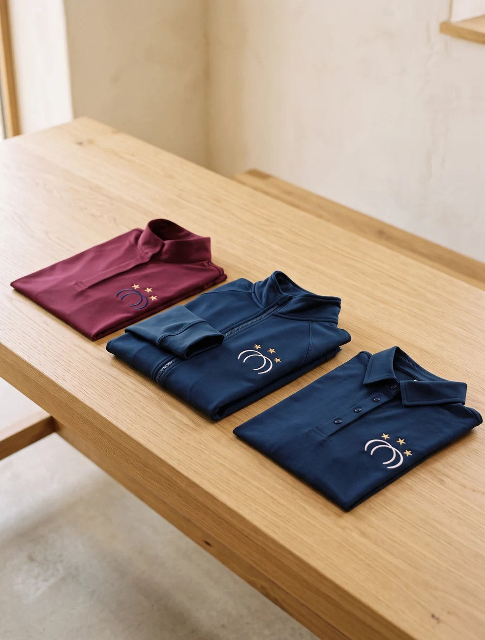 Turniershirt in Vereinsfarbe neben Trainingsjacke und Reitpolo aus der bestehenden Kollektion – KI-generierte Illustration