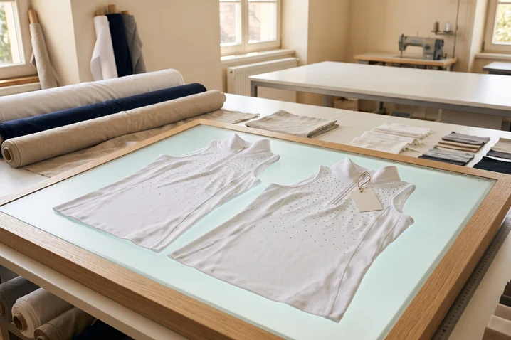 Zwei gleiche Turniershirt-Muster mit Strass nebeneinander, eines mit leerem Anhänger – KI-generierte Illustration