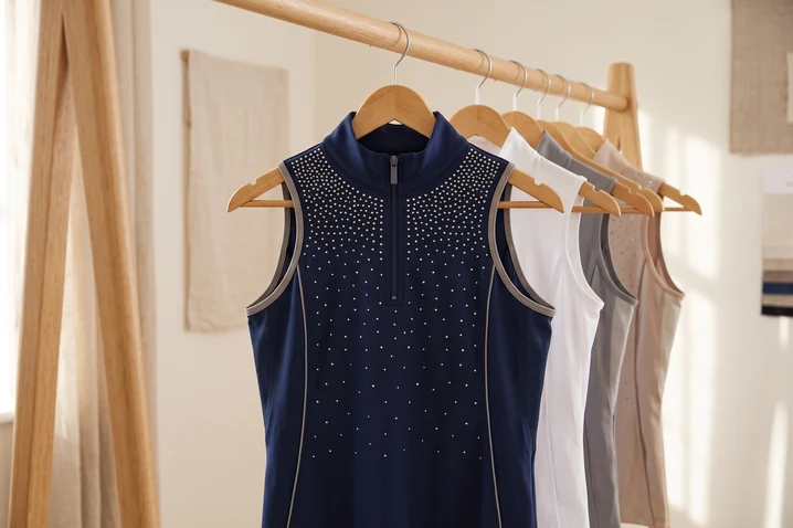 Muster eines ärmellosen Turniershirts in Navy mit Strass auf einem Bügel – KI-generierte Illustration