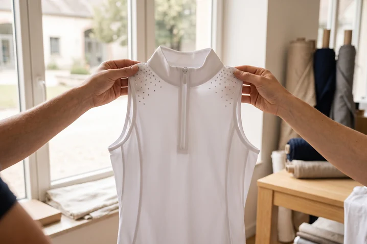 Hände halten ein Turniershirt-Muster ins Tageslicht und prüfen den Strass – KI-generierte Illustration