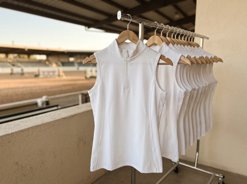 Weiße Turniershirts an einer Kleiderstange unter der Tribüne am Abend – KI-generierte Illustration