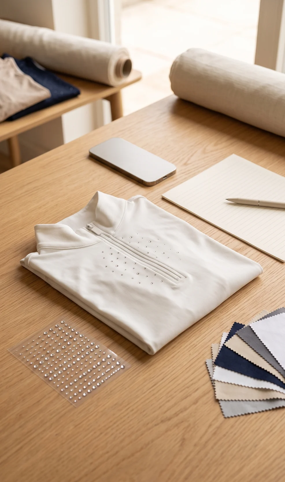 Schreibtisch mit gefaltetem Turniershirt, Strass-Probe, Farbkarte und leerer Liste – KI-generierte Illustration