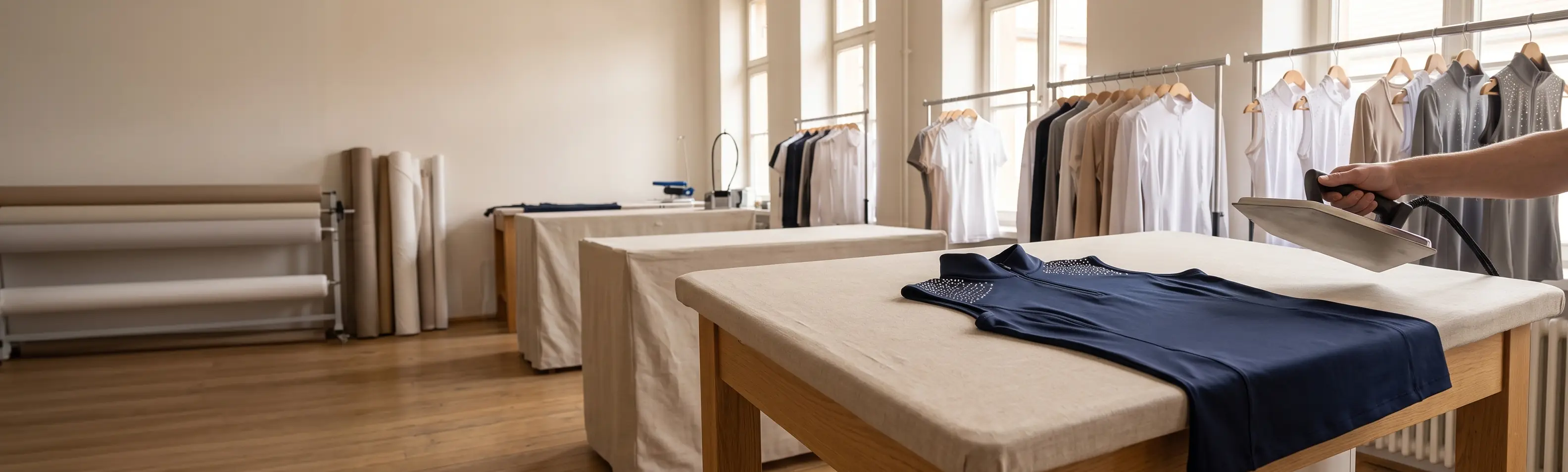 Muster-Turniershirt in Navy auf dem Bügeltisch, darüber ein Bügeleisen für den Strass – KI-generierte Illustration