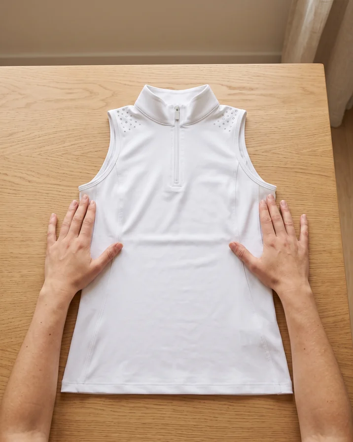 Ein ärmelloses Turniershirt wird flach ausgelegt, die Hände liegen an den Seitennähten unter den Armlöchern – KI-generierte Illustration