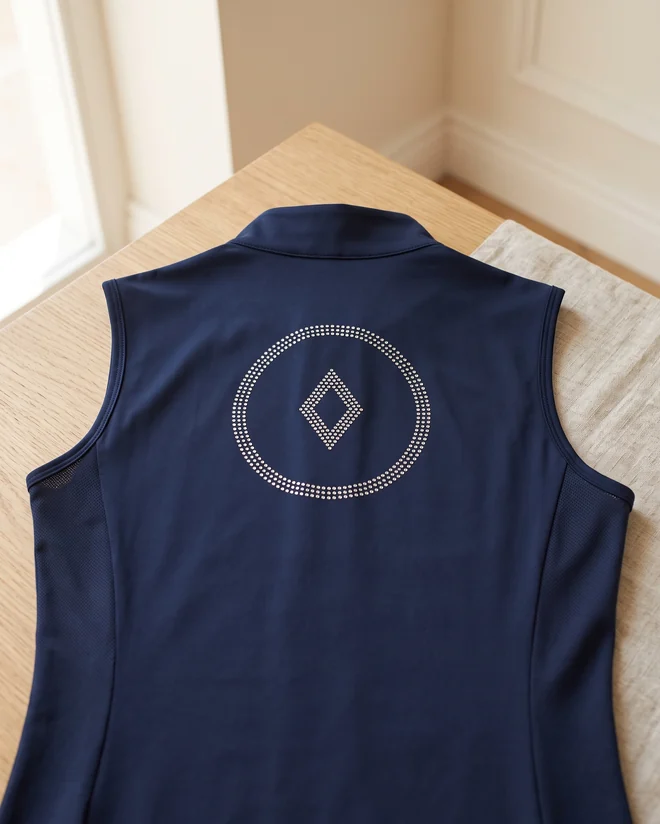 Logo-Motiv aus Strass auf dem Rücken eines Turniershirts in Navy – KI-generierte Illustration