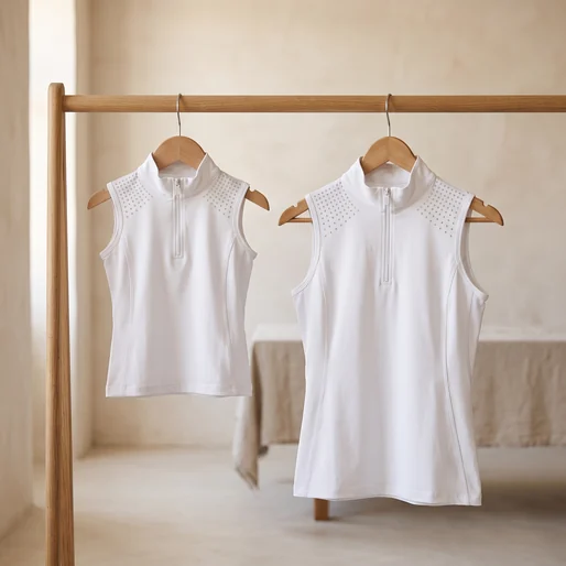 Dasselbe ärmellose Turniershirt mit Strass in Kindergröße und Damengröße nebeneinander auf einer niedrigen Stange – KI-generierte Illustration