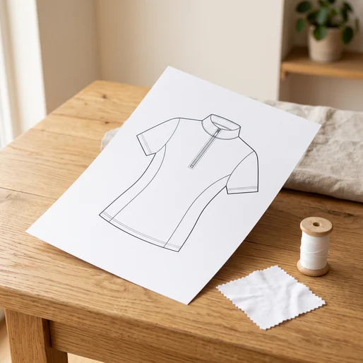 Technische Zeichnung eines Turniershirts mit kurzem Arm neben einem weißen Stoffmuster – KI-generierte Illustration