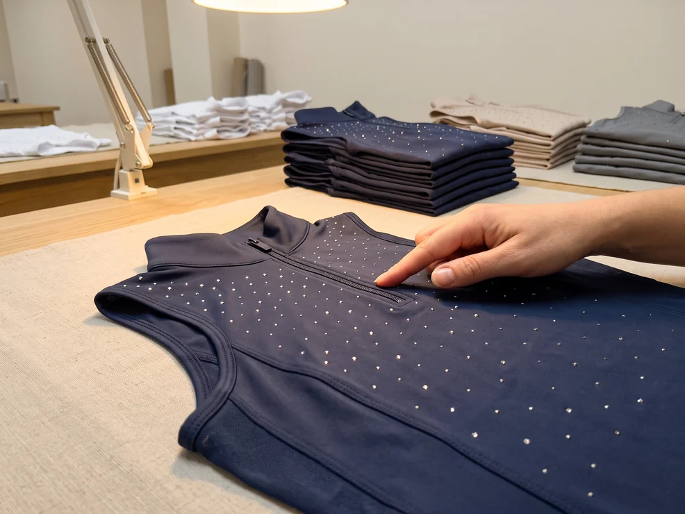 Prüferin tastet den Strass an der Schulter eines Turniershirts ab – KI-generierte Illustration