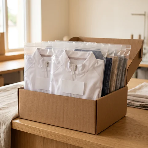 Einzeln verpackte Turniershirts nach Größe im Karton sortiert – KI-generierte Illustration