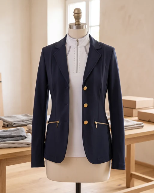 Turniersakko in Navy an einer Büste, darunter der Stehkragen eines weißen Turniershirts – KI-generierte Illustration