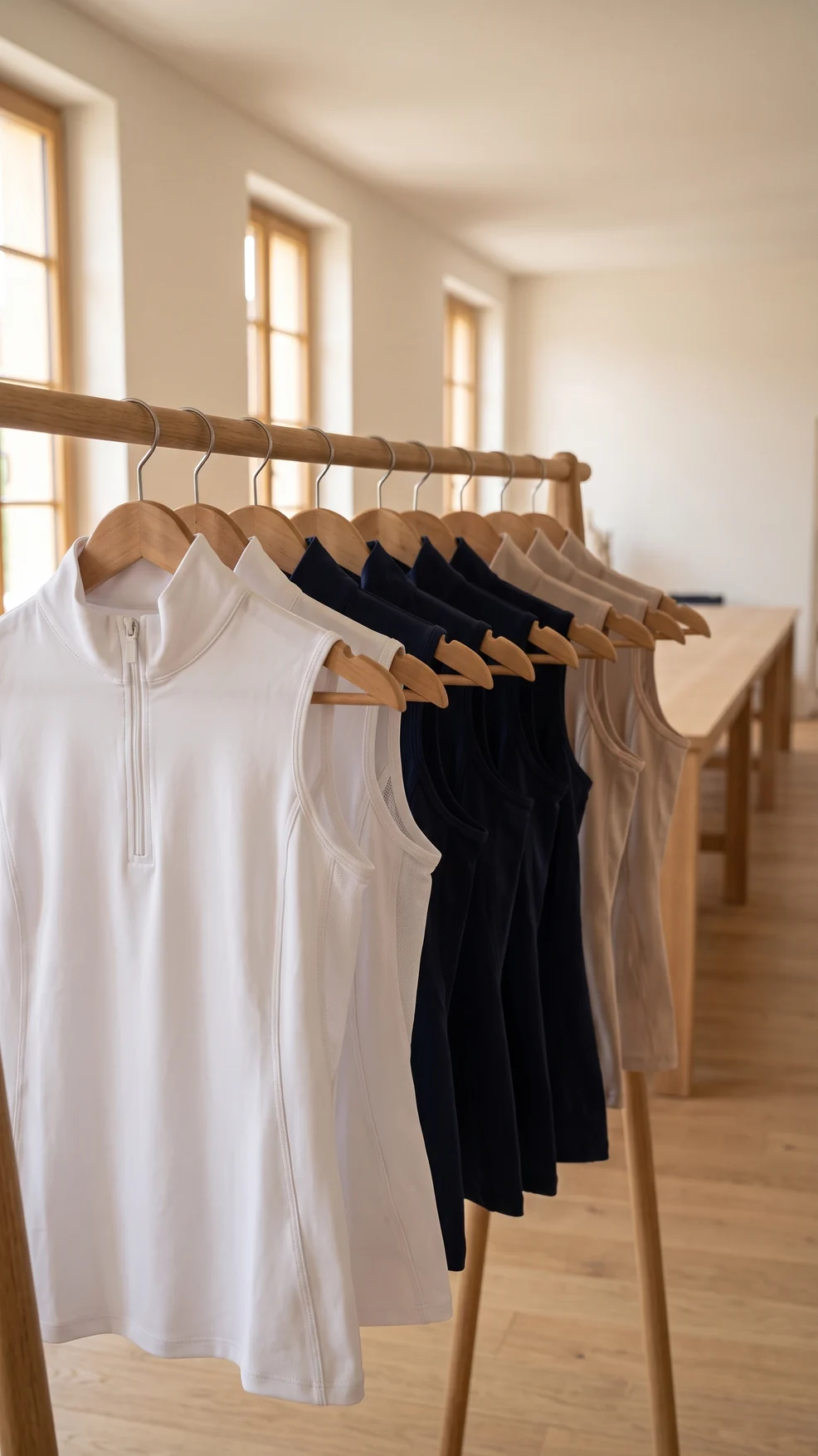 Dasselbe ärmellose Turniershirt in Weiß, Navy und Beige an einer langen Kleiderstange im Musterraum – KI-generierte Illustration