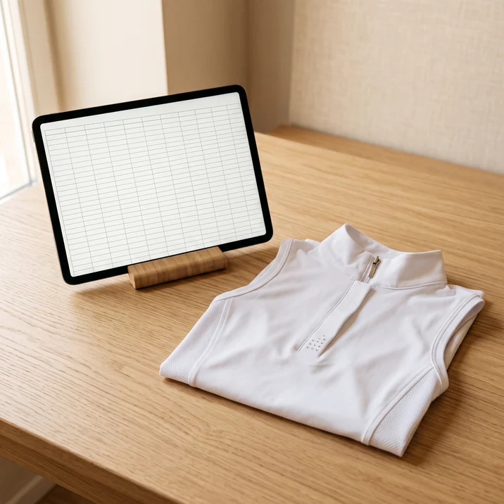 Tablet mit leerer Tabelle neben einem gefalteten Turniershirt – KI-generierte Illustration