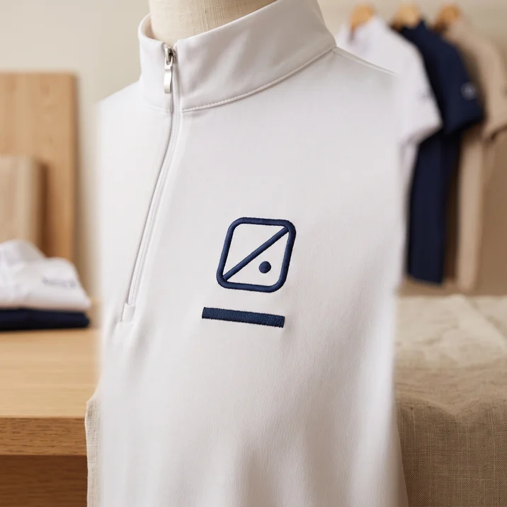 Gesticktes Logo mit einer gestickten Linie darunter auf der Brust eines Turniershirts – KI-generierte Illustration