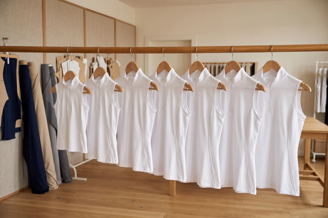 Ärmellose Turniershirts in aufsteigenden Größen an einer Stange – KI-generierte Illustration