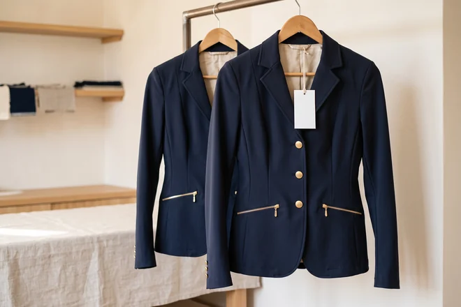Zwei gleiche Turniersakko-Muster in Navy nebeneinander auf einer Kleiderstange, eines mit leerem Anhänger – KI-generierte Illustration