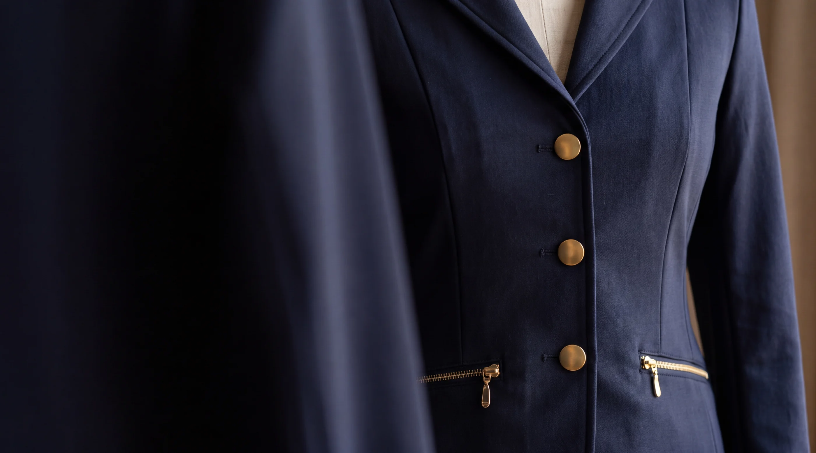 Navy Turniersakko auf einer Schneiderbüste in Nahaufnahme: Revers, drei goldfarbene Metallknöpfe und goldfarbene Zipper-Puller an den Taschen – KI-generierte Illustration