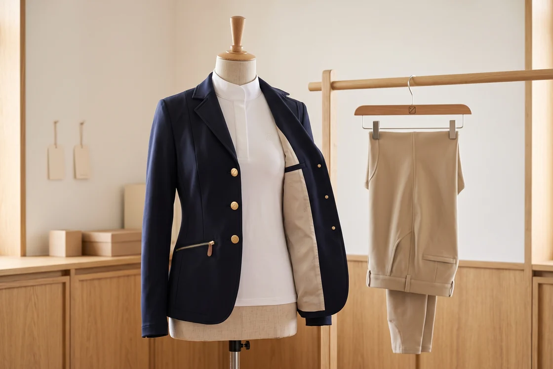 Turnierlinie: Turniersakko über einem Turniershirt auf einer Schneiderbüste, daneben eine Reithose am Bügel – KI-generierte Illustration