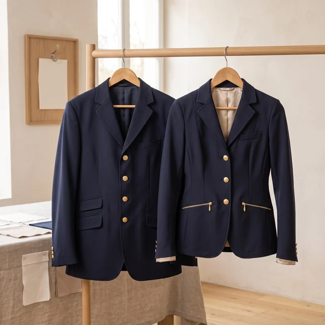 Herren-Turniersakko in Navy neben einem Damensakko auf einer Kleiderstange – KI-generierte Illustration