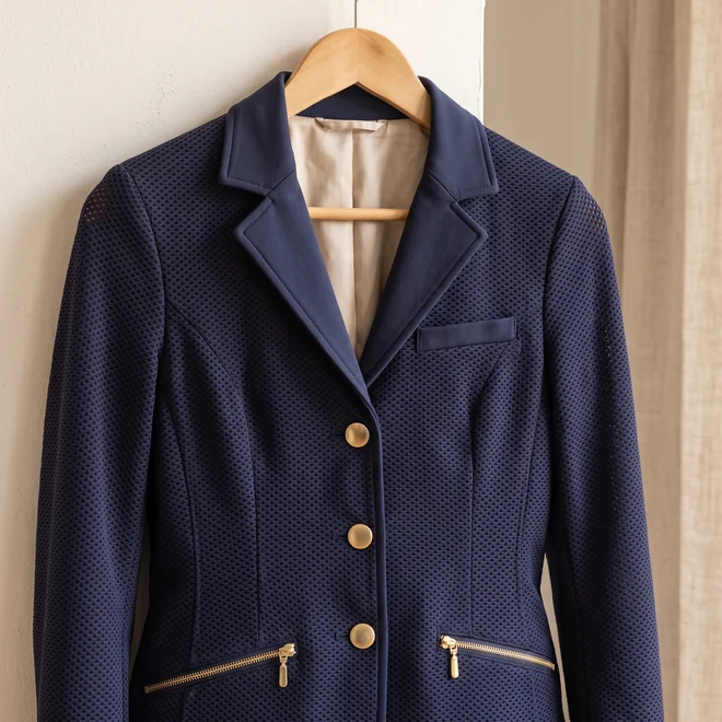 Mesh-Turniersakko in Navy mit glattem Revers auf einem Holzbügel – KI-generierte Illustration