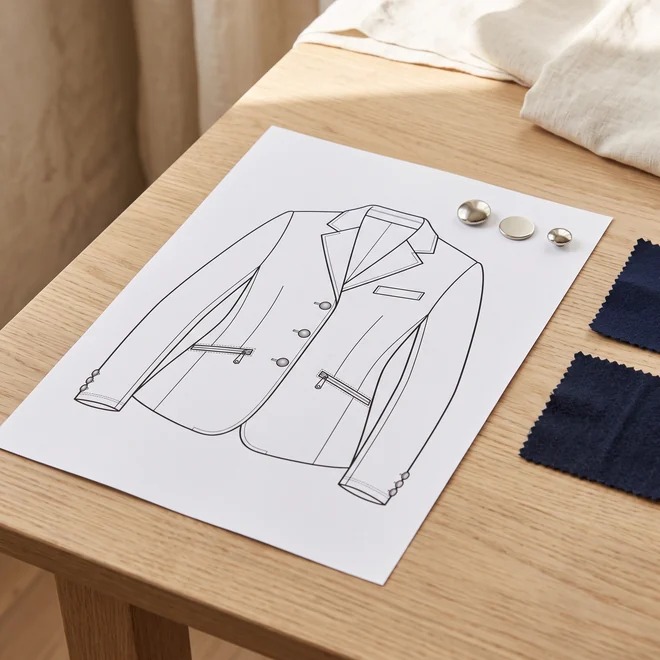 Leere technische Zeichnung eines Sakkos mit zwei Stoffmustern in Navy und drei Metallknöpfen – KI-generierte Illustration