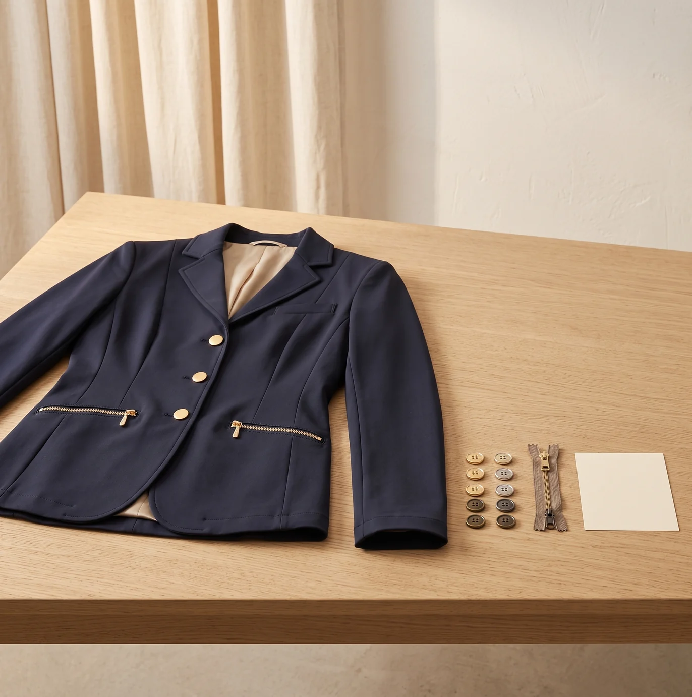 Turniersakko-Muster in Navy auf einem Tisch, daneben Knöpfe in mehreren Metallfarben und ein Reißverschluss-Muster – KI-generierte Illustration