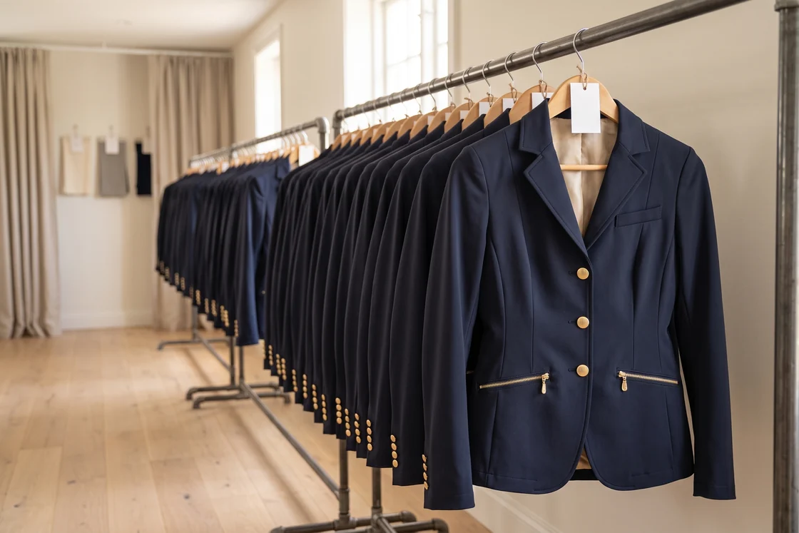 Reihe gleicher Damen-Turniersakkos in Navy an einer langen Stange, jedes mit leerem Anhänger – KI-generierte Illustration