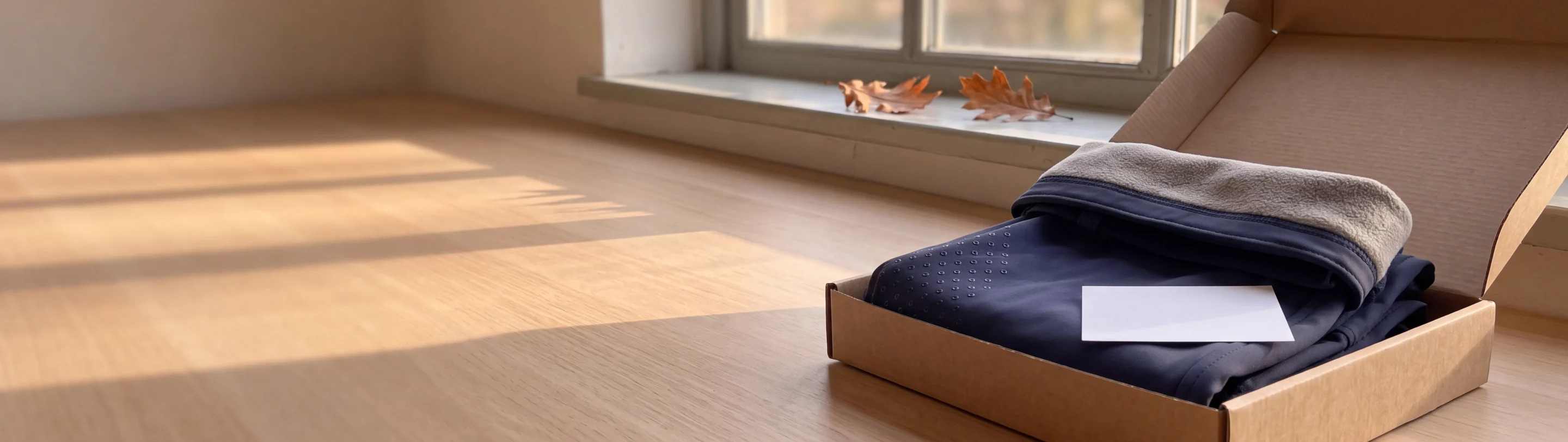 Offener Versandkarton mit gefaltetem Winterreithosen-Muster auf einem Packtisch im Herbstlicht – KI-generierte Illustration