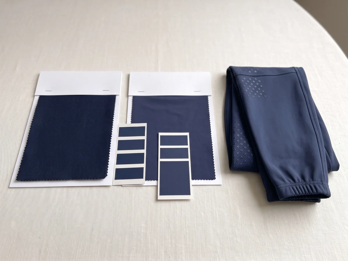Zwei navyblaue Stoffmuster nebeneinander im Nordlicht, daneben eine gefaltete Sommer-Reithose – KI-generierte Illustration