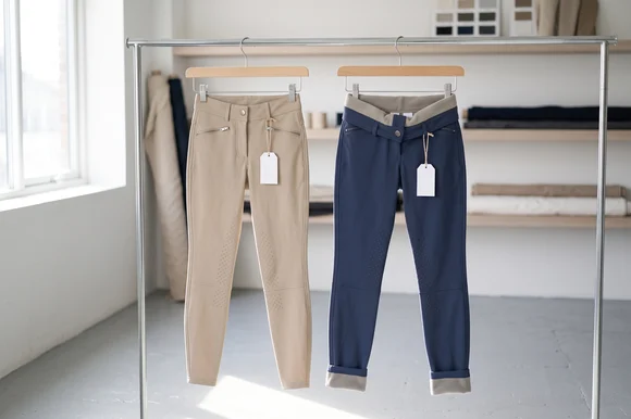 Zwei Muster an einer Stange: beige Sommer-Reithose und Navy Winterreithose mit umgeschlagenem Bund – KI-generierte Illustration