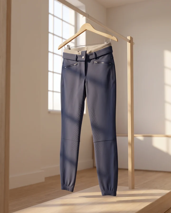 Damen-Winterreithose in Navy am Holzbügel, Bund leicht umgeschlagen mit sichtbarem Fleecefutter – KI-generierte Illustration