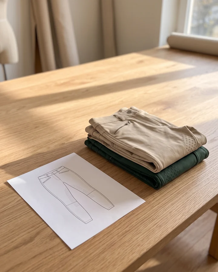 Technische Skizze neben einer beigen Sommer-Reithose und einer dunkelgrünen Winterreithose im gleichen Schnitt – KI-generierte Illustration