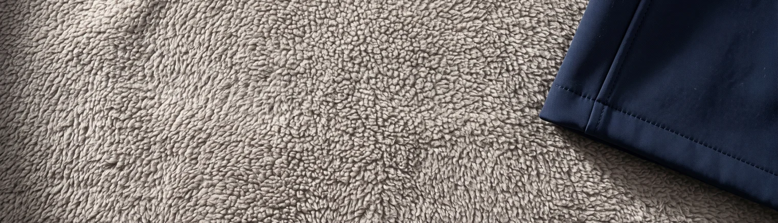 Fleecefutter in Hellgrau-Beige, an einer Ecke liegt ein Stück Navy-Oberstoff – KI-generierte Illustration