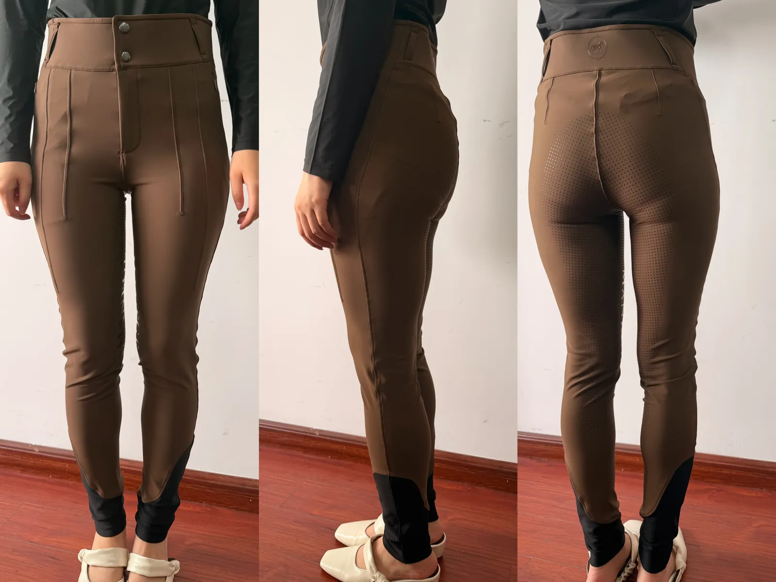 Braune Reithose bei der Anprobe, Ausschnitt Knie
