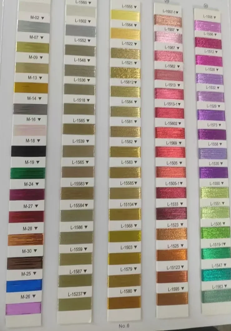 Stickgarn-Farbkarte mit aufgewickelten Glanz- und Metallic-Garnen und gedruckter Nummer je Farbe